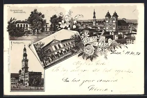 Lithographie Lissa, Gymnasium Schlossteich, Rathaus, Ortsansicht