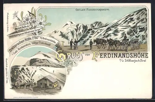 Lithographie Ferdinandshöhe am Stilfserjoch, Ortler-Panorama, Dreisprachen-Hütte, Restauration