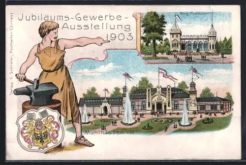 Lithographie Mühlhausen i. Th., Jubiläums-Gewerbe-Ausstellung 1903, Burg-Restaurant