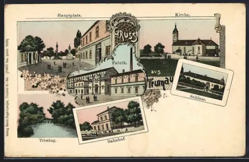 AK Trumau, Bahnhof, Fabrik, Hauptplatz, Kirche, Schloss