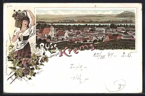 Lithographie Krems /Donau, Ortsansicht aus der Vogelschau, Winzerin mit Wein