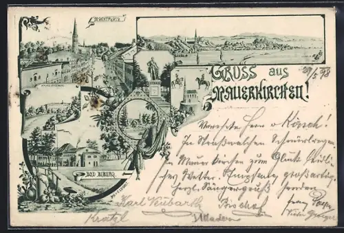 Lithographie Mauerkirchen, Marktplatz, Bad Biburg, Ortsansicht aus der Vogelschau