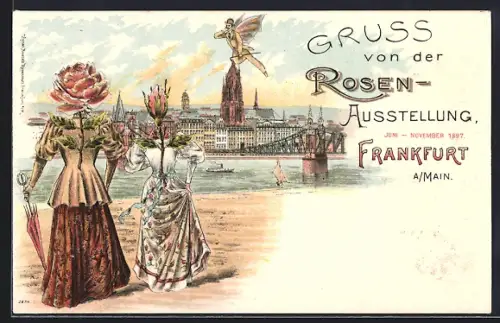 Lithographie Frankfurt a./Main, Rosen-Ausstellung, zwei Frauen mit Rosen als Kopf