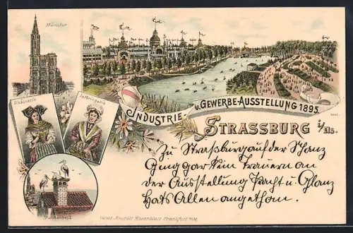Lithographie Strassburg, Industrie- und Gewerbeausstellung 1895, Münster, Ausstellungsgelände aus der Vogelschau
