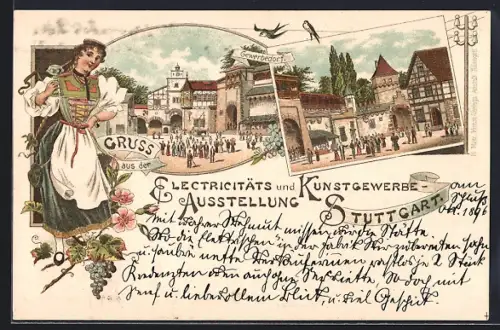 Lithographie Stuttgart, Elektrizitäts- und Kunstgewerbe-Ausstellung, Schaulustige im Gewerbedorf