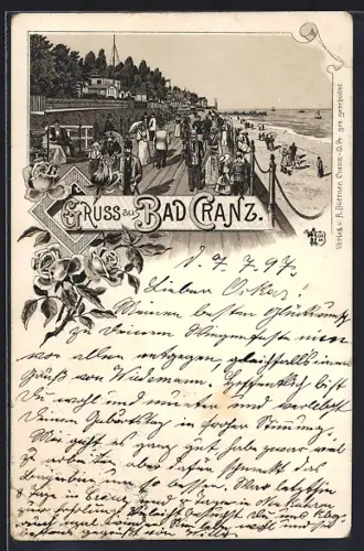 Lithographie Bad Cranz, Seepromenade und Strand