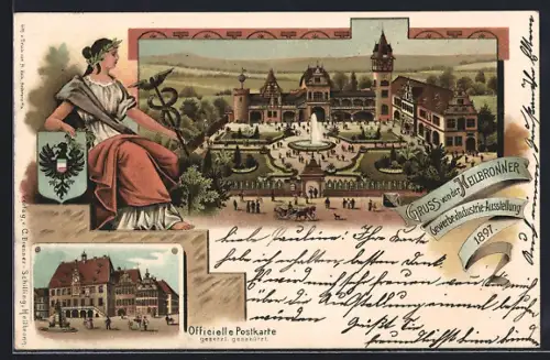 Lithographie Heilbronn, Gewerbe- u. Industrie-Ausstellung 1897, Totalansicht mit Parkanlage