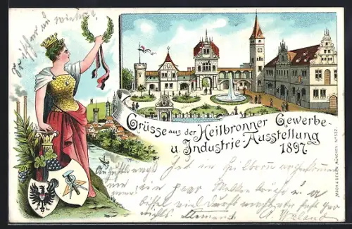Lithographie Heilbronn, Gewerbe- u. Industrie-Ausstellung 1897, Germania mit Lorberrkranz, Wappen
