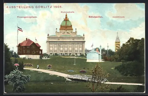 AK Görlitz, Niederschlesische Gewerbe- u. Industrie-Ausstellung 1905, Ruhmeshalle, Riesengebirgshaus, Aussichtsturm