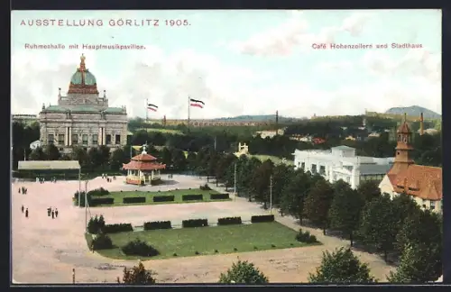 AK Görlitz, Niederschl. Gewerbe- und Industrie-Ausstellung 1905, Cafe Hohenzollern und Ruhmeshalle