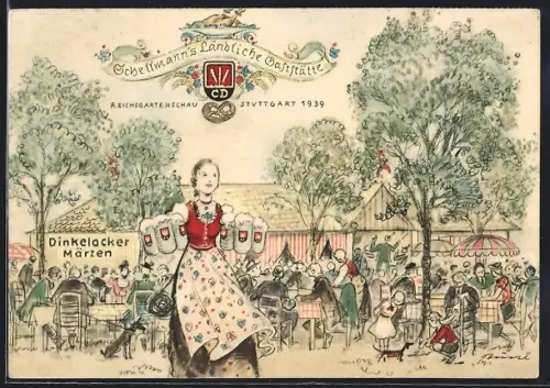 AK Stuttgart, Reichsgartenschau 1939, Kellnerin mit Bierkrügen