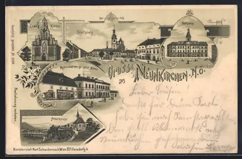Lithographie Neunkirchen /N. Ö., Restauration z. gold. Birne, Stadtplatz, Rathaus