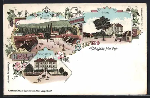 Lithographie Seefeld b. Mailberg, Marktplatz, Schloss