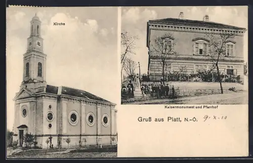 AK Zellerndorf /N.-Ö., Gruss aus Platt, Kirche, Kaisermonument, Pfarrhof