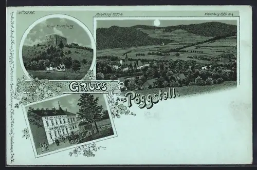 Mondschein-Lithographie Pöggstall, Gasthof J. Mötzer, Ruine Mollenburg, Ortsansicht