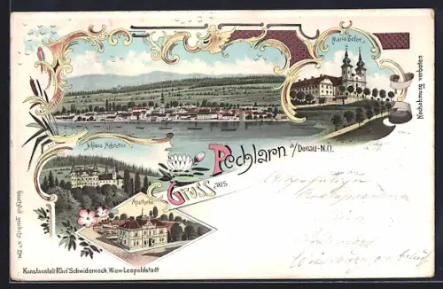 Lithographie Pöchlarn a. Donau, Apotheke, Schloss Arlstetten, Maria Taferl, Ortsansicht