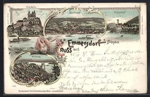 Lithographie Emmersdorf a. Donau, Stift Melk, Schönbühel, Ortsansicht