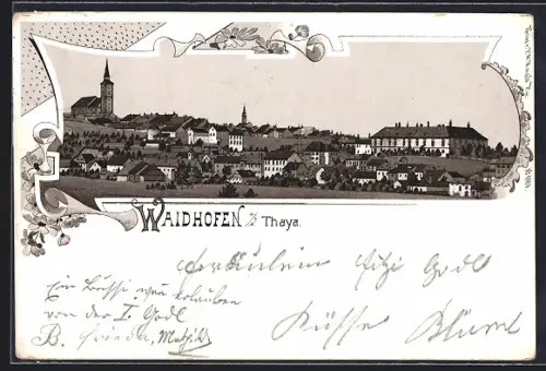 Lithographie Waidhofen a. d. Thaya, Ortsansicht aus der Vogelschau