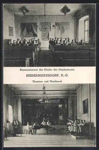 AK Biedermannsdorf /N.-Ö., Klassenzimmer d. Kinder des Stephaneums, Theater u. Musiksaal