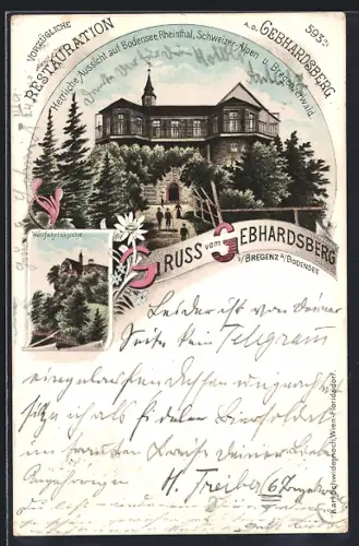 Lithographie Bregenz a. Bodensee, Restauration a. d. Gebhardsberg, Wallfahrtskirche