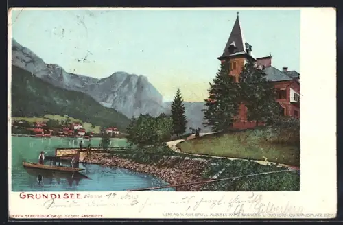 AK Grundlsee, Uferpartie mit Bergen