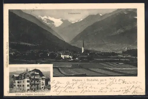 AK Mieders /Stubaital, Totalansicht und Hotel und Pension Lerchenhof