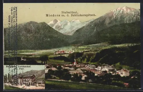 AK Mieders, Berghotel Lerchenhof, Bes. Jos. Peer., Ortsansicht m. d. Schickerspitzen