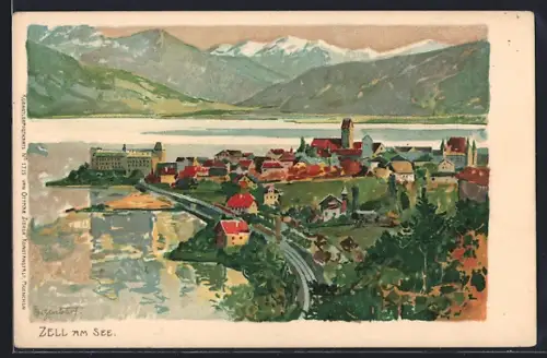 Künstler-Lithographie Zell am See, Panorama mit Gebirge