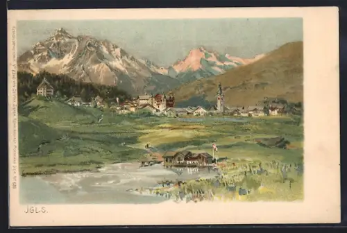 Künstler-AK Edward Theodore Compton unsign.: Igls, Landschaftbild mit Ort und Gebirge