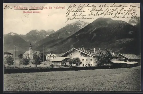 AK Schönberg /Stubaital, Ortsansicht mit Gasthaus Domanig und Kalkkögel