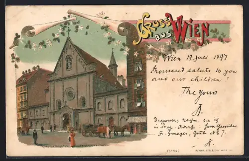 Lithographie Wien, Kapuzinerkirche, Pferdekutsche