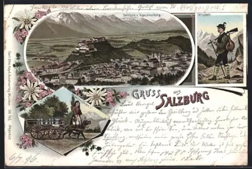 Lithographie Salzburg, Teilansicht v. Kapuzinerberg, Gemsjäger, Milchmädchen
