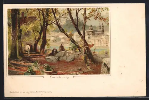 Lithographie Salzburg, Blick zur Stadt