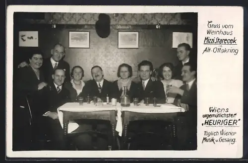 AK Wien-Alt-Ottakring, Gasthaus und Heuriger Weinhaus Mizzi Starecek, Gruppenbild mit Gästen