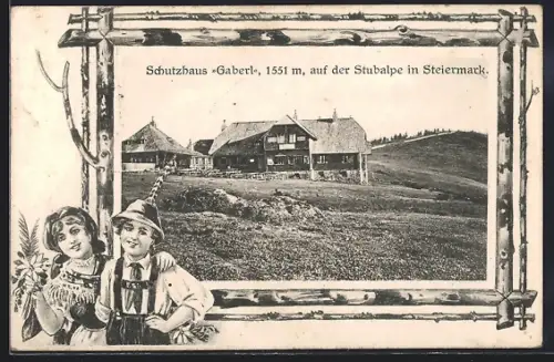 AK Schutzhaus Gaberl auf der Stubalpe, Paar in Tracht, Passepartout
