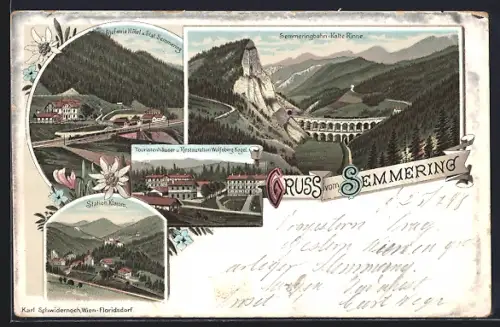 Lithographie Semmering, Blick auf Semmeringbahn, Kalte Rinne, Stefanie Hotel und Station Semmering, Station Klamm