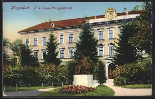 AK Klagenfurt, K. k. Staats-Obergymnasium mit Denkmal