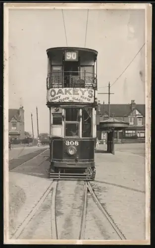Fotografie englische Strassenbahn Linie 90, Wagen Nr. 308