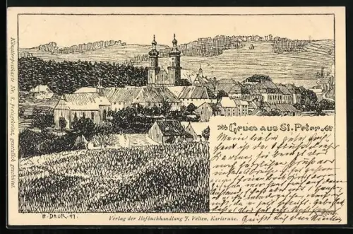 Künstler-AK Hermann Daur: St. Peter /Schwarzwald, Blick zum Ort