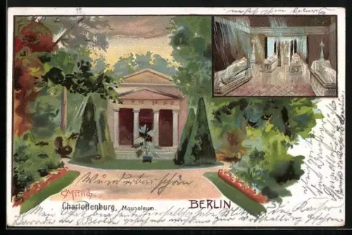 Lithographie Berlin-Charlottenburg, Mausoleum, mit Innenansicht