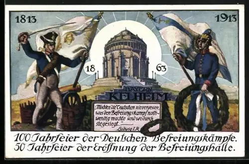 Künstler-AK Kelheim, 100-Jahrfeier der Dt. Befreiungskämpfe 1913, Zwei Fahnenträger