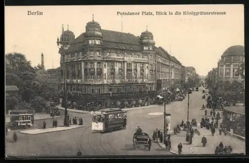 AK Berlin, Potsdamer Platz mit Strassenbahn, Blick in die Königgrätzerstrasse