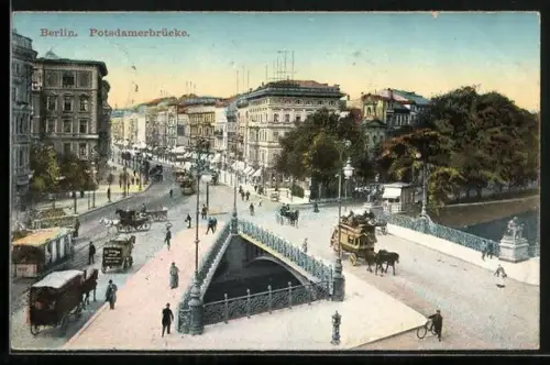 AK Berlin-Tiergarten, Potsdamer Brücke mit Pferdebahn