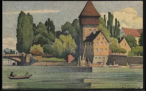 Künstler-AK Ernst E. Schlatter: Konstanz, Ruderpartie am Rheinthorturm