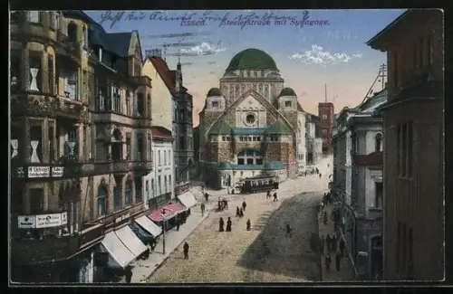AK Essen, Steelstrasse mit Synagoge, Strassenbahn