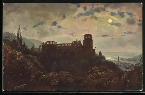 Künstler-AK Heinrich Hoffmann: Heidelberg, die Schlossruine über der Stadt bei Nacht