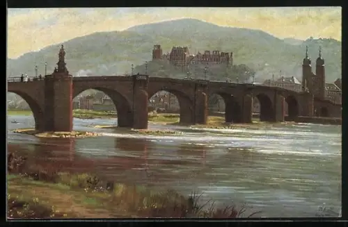 Künstler-AK H. Hoffmann: Heidelberg, Die alte Neckarbrücke (Karl Theodor)