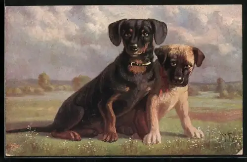 Künstler-AK Die Unheilstifter, Dackel neben einem weiteren Hund
