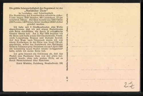 AK Prtrait Erich Winkler, Modellbau Mailänder Dom