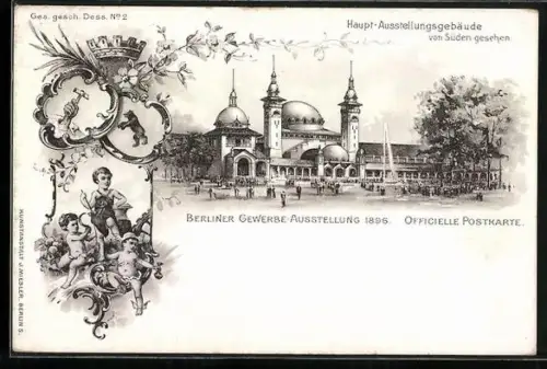 Lithographie Berlin, Gewerbe-Ausstellung 1896, Blick auf das Hauptausstellungsgebäude